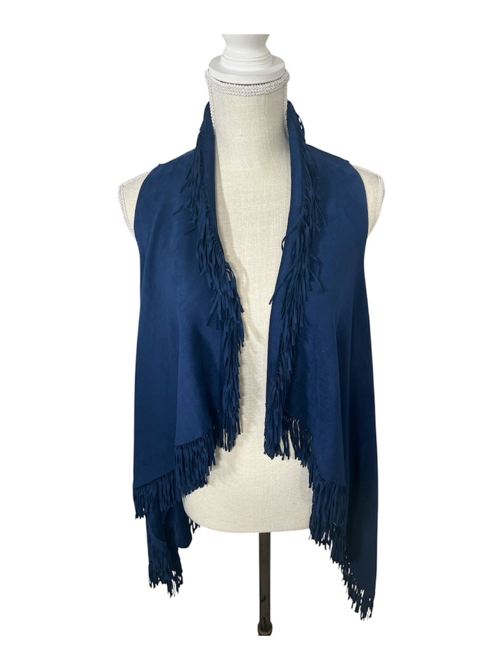 NWOT Women’s Fringed Boho Faux Suede Open-Front Vest Royal Blue Size Medium